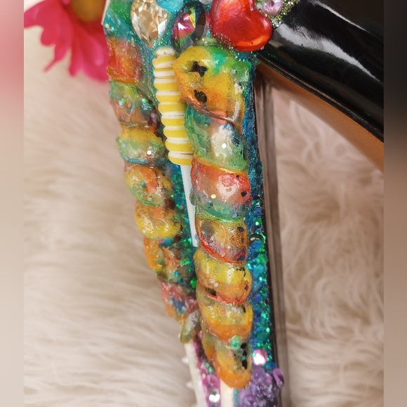 Sale! Custom Made Zombie Peepshow Candy Embellished Black Strappy Platform Heels - Picture 8 of 16